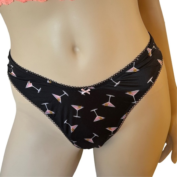 Victoria's Secret High-Leg Thong Panty Cocktail Martini Print Lacy Satin Bow Y2K - Picture 8 of 13